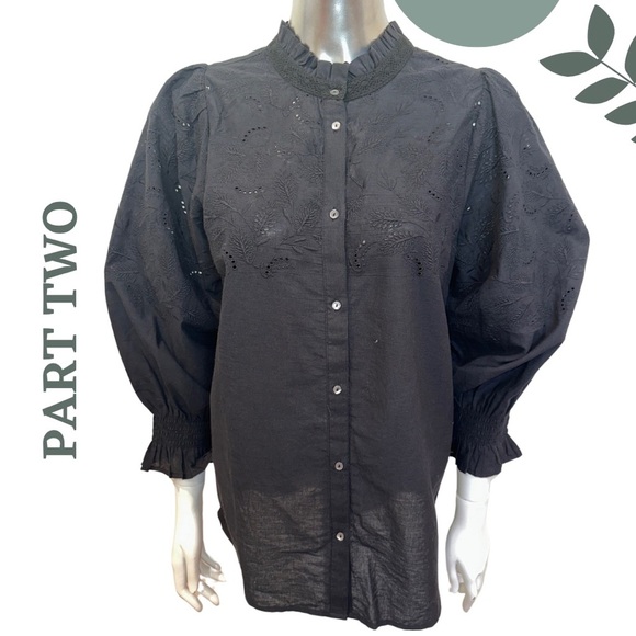 Part Two Black Statement Blouse | Eyelet Embroidered Puff Sleeve Shirt Size 8 - Picture 2 of 8